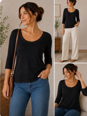 J. Crew Black 3/4 Sleeve Scoop Neck Top Size Large Minimalist Classic Blouse